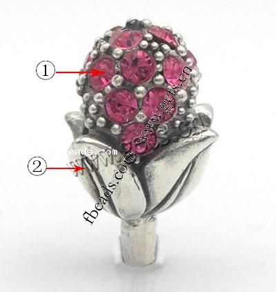 ラインス トーン亜鉛合金パンドラ ビーズ, 亜鉛合金, 花形, メッキ, ライン石のある, 無色, 15x8mm, 穴:約 4mm, 売り手 パソコン