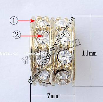 Perles European de stras d'alliage de Zinc , tube, Placage, sans filetage & avec strass, plus de couleurs à choisir, 11x7mm, Trou:Environ 5mm, Vendu par PC