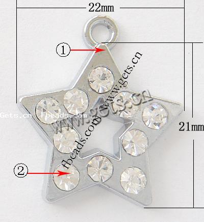 Zinc Alloy Star Pendant, plated, with rhinestone, more colors for choice, 22x21x3mm, Hole:Approx 2.5mm, Sold By PC
