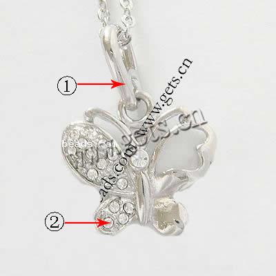 Zinc Alloy Animal Pendants, Butterfly, plated, with rhinestone, more colors for choice, 16x19x3.5mm, Sold By PC