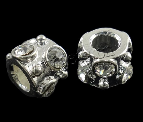 Rhinestone Zinc Alloy European Beads, Column, plated, Customized & without troll, more colors for choice, 11x8mm, Hole:Approx 5mm, Sold By PC