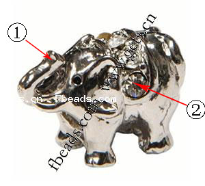 Rhinestone Zinc Alloy European Beads, Elephant, plated, with Mideast rhinestone & without troll, more colors for choice, 12x15mm, Hole:Approx 4.5-5mm, Sold By PC