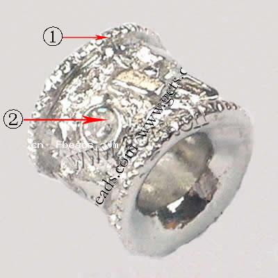 grano Europeo de aleación Zinc con diamante, aleación de zinc, Tubo, chapado, con diamantes de imitación de Mideast & sin rosca, más colores para la opción, 9x11mm, agujero:aproximado 5.5mm, Vendido por UD
