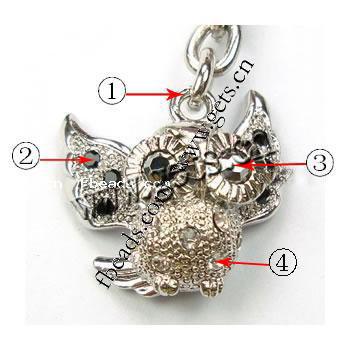 Zinc Alloy Animal Pendants, Bird, plated, with rhinestone, more colors for choice, 22x19x10mm, Sold By PC