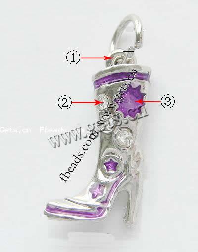 Zinc Alloy Shoes Pendants, with Rhinestone & enamel, plated, enamel & with rhinestone, more colors for choice, 22x12.5x6mm, Hole:Approx 5mm, Sold By PC