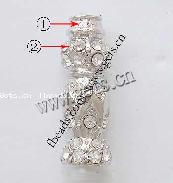 Rhinestone Zinc Alloy European Beads, Tube, plated, without troll & with rhinestone, more colors for choice, 27x10mm, Hole:Approx 3.5mm, Sold By PC