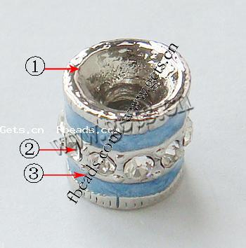 Gota de Europeo de aleación de zinc con esmalte, Tubo, chapado, sin rosca & con diamantes de imitación & agujero largo, más colores para la opción, 11x10mm, agujero:aproximado 4.2-4.5mm, Vendido por UD