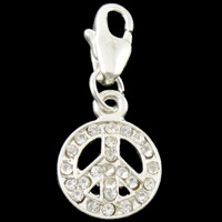 Zinc Alloy Lobster Clasp Charm, Peace Logo, plated, with rhinestone Approx 
