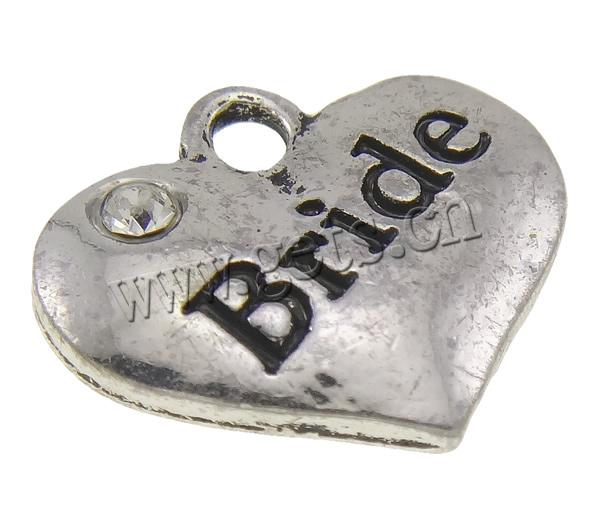 Zinc Alloy Heart Pendants, plated, with letter pattern & with rhinestone, more colors for choice, 17x15x3mm, Hole:Approx 2mm, Sold By PC