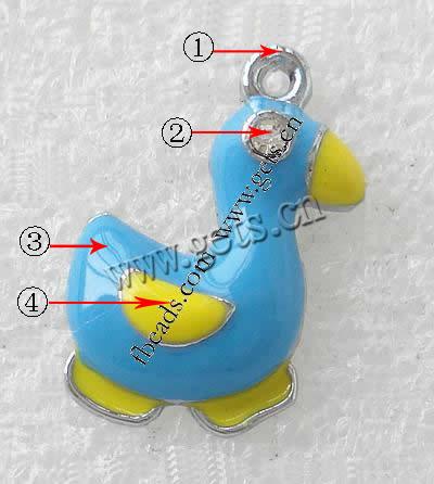 Zinc Alloy Animal Pendants, Duck, plated, enamel, more colors for choice, 19x15x5mm, Hole:Approx 1mm, Sold By PC