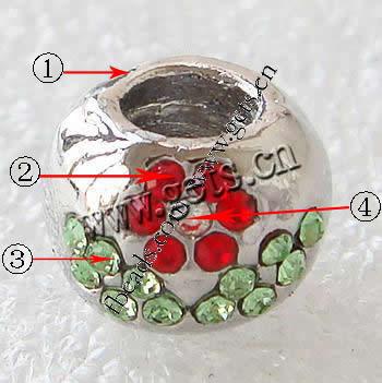 Rhinestone Zinc Alloy European Beads, Drum, plated, without troll & with rhinestone, more colors for choice, 11x8mm, Hole:Approx 4mm, Sold By PC