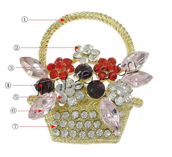 Rhinestone Zinc Alloy Ornaments, with Glass, Flower Basket, plated, flat back & faceted & with rhinestone, more colors for choice, lead & cadmium free, 40x44x7mm, Sold By PC