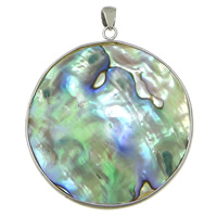 Abalone Shell Pendants, with Brass, Flat Round, platinum color plated Approx 