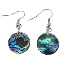 Abalone Shell Earring, brass earring hook, Flat Round, platinum color plated, 40mm 