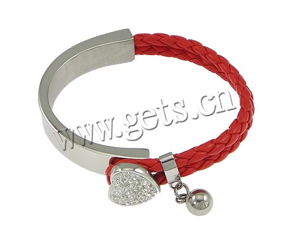 PU Leather Cord Bracelets, Stainless Steel, with PU Leather Cord & Rhinestone Clay Pave, stainless steel clasp, plated, braided & with 35 pcs rhinestone, more colors for choice, 14x17mm, 8x12mm, 10mm, Length:Approx 8 Inch, Sold By Strand