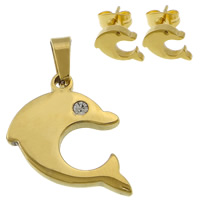 Rhinestone stainless steel Jewelry Set, pendant & earring, Dolphin, plated, with rhinestone Approx 