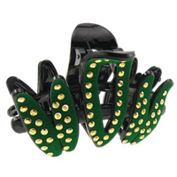 Acrylic Hair Claw Clip, with aluminum iron-on rhinestone & Velveteen, painted, green 