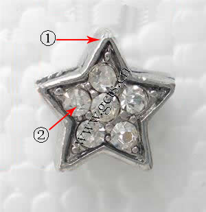 Rhinestone Zinc Alloy European Beads, Star, plated, without troll & with rhinestone, more colors for choice, 14x12x10mm, Hole:Approx 5mm, Sold By PC