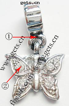 Zinc Alloy European Pendants, Butterfly, plated, without troll & with rhinestone, more colors for choice, 25x15mm, Hole:Approx 4mm, Sold By PC