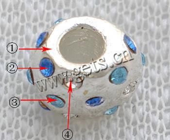 Rhinestone Zinc Alloy European Beads, Drum, plated, without troll & with rhinestone, more colors for choice, 9x9x12mm, Hole:Approx 4mm, Sold By PC