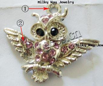Czechic Rhinestone Pendants, Zinc Alloy, Owl, plated, with rhinestone, more colors for choice, 25x30mm, Sold By PC