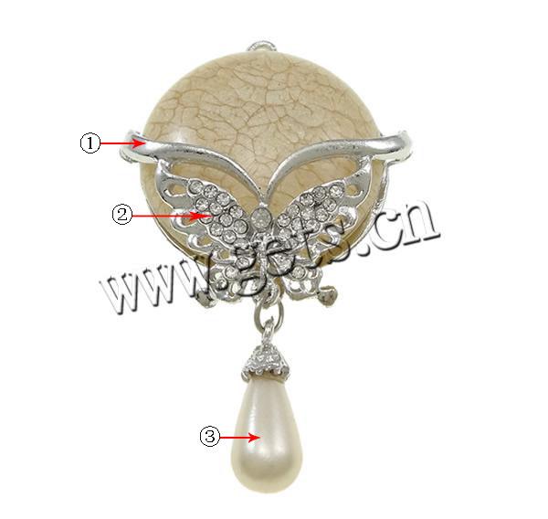 Resin Zinc Alloy Pendants, with Resin, Flat Round, plated, with glass pearl & with rhinestone, more colors for choice, nickel, lead & cadmium free, 46x74x12mm, Hole:Approx 3mm, Sold By PC