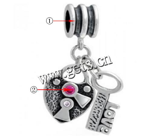 pendentifs European en alliage zinc, alliage de zinc, clé, Placage, Personnalisé & sans filetage & avec strass, plus de couleurs à choisir, 6-20mm, Trou:Environ 4.5mm, Vendu par PC