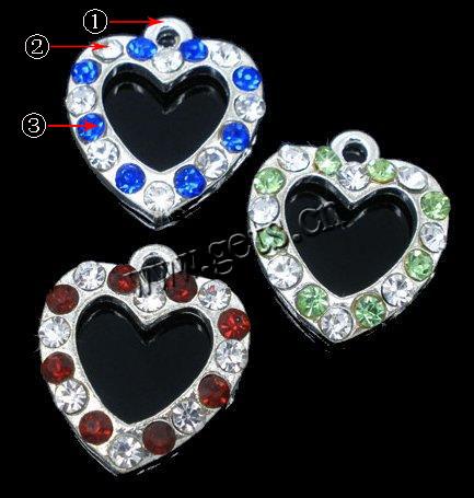 Zinc Alloy Heart Pendants, plated, Customized & with rhinestone, more colors for choice, 15x15mm, Hole:Approx 3mm, Sold By PC