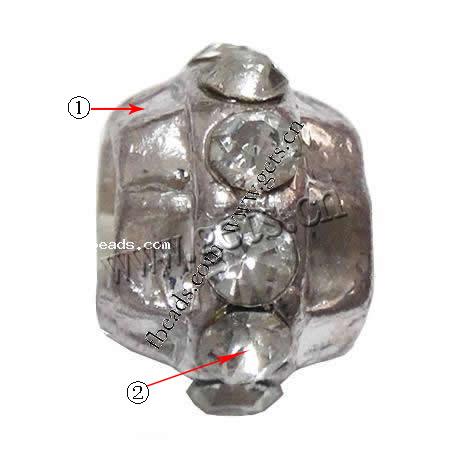 Rhinestone Zinc Alloy European Beads, Rondelle, plated, without troll & with rhinestone, more colors for choice, 8x11mm, Hole:Approx 4.5mm, Sold By PC