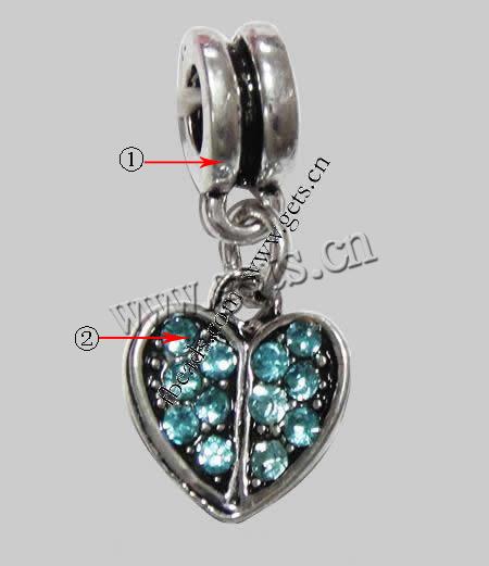 Zinc Alloy European Pendants, Heart, plated, with troll & with rhinestone, more colors for choice, 14x11x2mm, Hole:Approx 4.5mm, Length:24 , Sold By PC