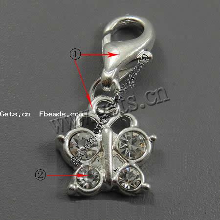 Zinc Alloy Lobster Clasp Charm, Animal, plated, with rhinestone, more colors for choice, 12x10x3mm, Hole:Approx 5mm, Sold By PC