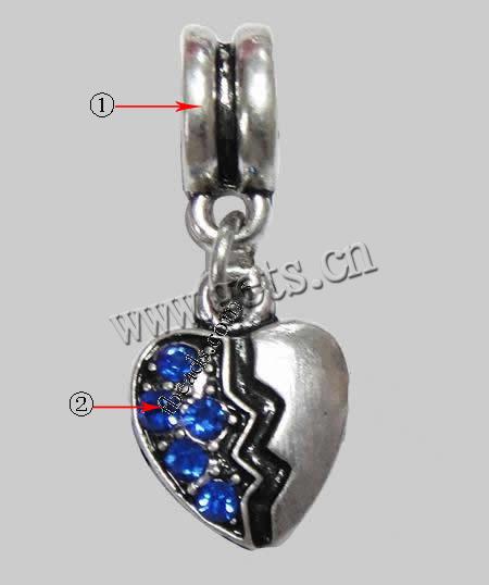 pendentifs European en alliage zinc, alliage de zinc, coeur, Placage, avec filetage & avec strass, plus de couleurs à choisir, 14x11x2mm, Trou:Environ 4mm, Longueur:24 , Vendu par PC