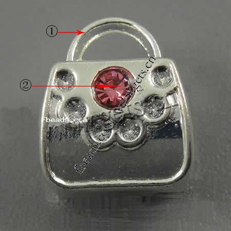 Rhinestone Zinc Alloy European Beads, Handbag, plated, without troll & with rhinestone, more colors for choice, 11x9x7mm, Hole:Approx 5mm, Sold By PC