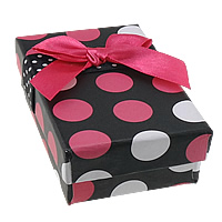 Cardboard Ring Box, Paper, with Satin Ribbon & Velveteen, Rectangle, with round spot pattern & with ribbon bowknot decoration 