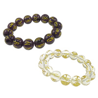 Om Mani Padme Hum Bracelet, Glass, with Elastic Thread, Round, Carved, transparent & gold accent 14.5mm Approx 8 Inch 