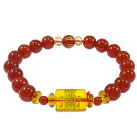 Om Mani Padme Hum Bracelet, Red Agate, with Elastic Thread & Crystal & Glass, Round, Carved, transparent & faceted & gold accent  8mm, 8mm Approx 7 Inch 