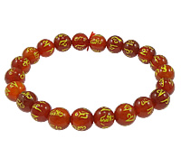 Om Mani Padme Hum Bracelet, Red Agate, with Elastic Thread, Round, Carved, gold accent, 8mm Approx 7 Inch 