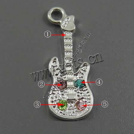 pendentifs European en alliage zinc, alliage de zinc, guitare, Placage, avec strass, plus de couleurs à choisir, 27x11x3mm, Trou:Environ 3mm, Vendu par PC