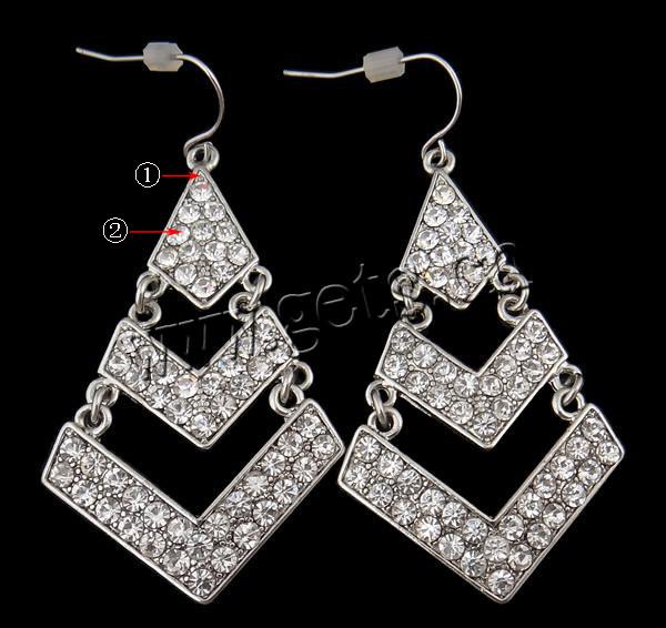 Zinc Alloy Rhinestone Drop Earring, iron earring hook, Rhombus, plated, Customized & with rhinestone, more colors for choice, 56x32x4mm, Sold By Pair
