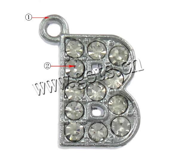 Zinc Alloy Alphabet Pendants, with Paraffin, Letter B, plated, with rhinestone, more colors for choice, 13x18x3mm, Hole:Approx 2mm, Sold By PC