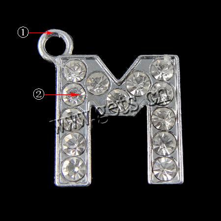 Zinc Alloy Alphabet Pendants, Letter M, plated, with rhinestone, more colors for choice, 15x17x2mm, Hole:Approx 2mm, Sold By PC