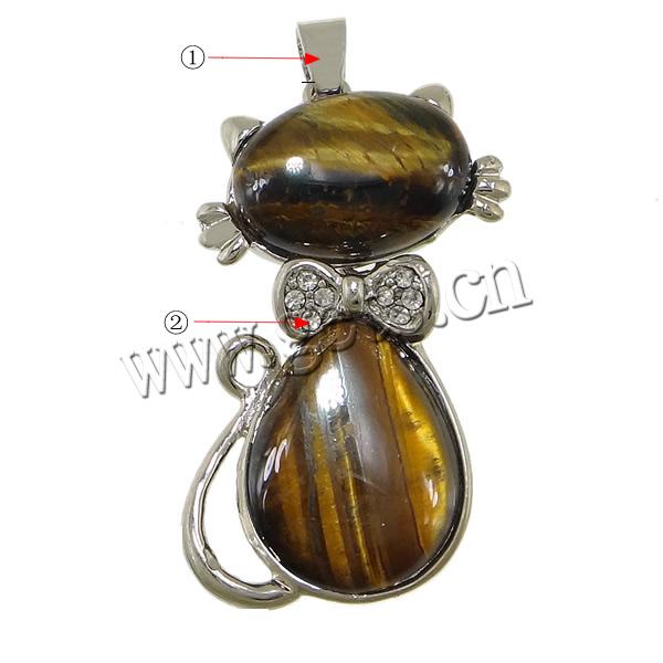 Tiger Eye Pendants, with Brass, Cat, plated, with rhinestone & hollow, more colors for choice, 22x43x10.5mm, Hole:Approx 6x6.5mm, Sold By PC