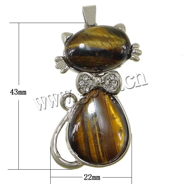 Tiger Eye Pendants, with Brass, Cat, plated, with rhinestone & hollow, more colors for choice, 22x43x10.5mm, Hole:Approx 6x6.5mm, Sold By PC