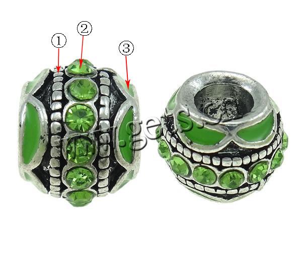 Rhinestone Zinc Alloy European Beads, Drum, plated, Customized & without troll & enamel, more colors for choice, 12x9mm, Hole:Approx 5mm, Sold By PC