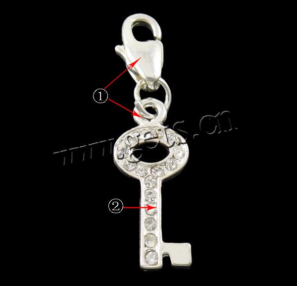 Zinc Alloy Key Pendants, plated, Customized & with rhinestone, more colors for choice, 8x1.5x29mm, Hole:Approx 2x4mm, Sold By PC