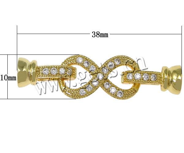 Brass Fold Over Clasp, Infinity, plated, with end cap & micro pave cubic zirconia, more colors for choice, 38x10x2mm, Hole:Approx 2mm, Sold By Set