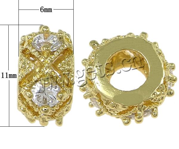 Cubic Zirconia Micro Pave Brass Beads, Rondelle, plated, micro pave cubic zirconia & large hole, more colors for choice, 6x11mm, Hole:Approx 4.5mm, Sold By PC