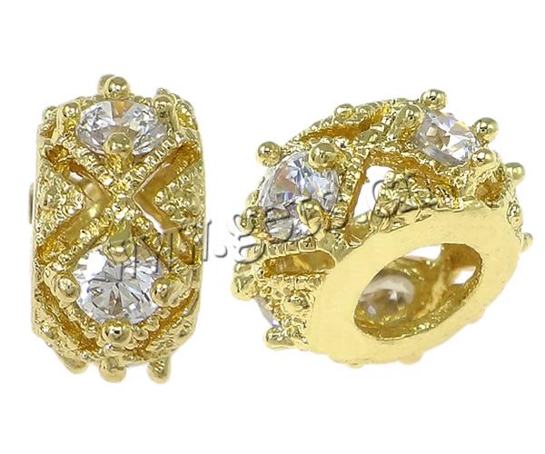 Cubic Zirconia Micro Pave Brass Beads, Rondelle, plated, micro pave cubic zirconia & large hole, more colors for choice, 6x11mm, Hole:Approx 4.5mm, Sold By PC
