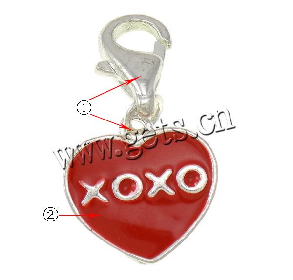 Zinc Alloy Lobster Clasp Charm, Heart, plated, with letter pattern & enamel, more colors for choice, 14x4x26mm, Hole:Approx 4mm, Sold By PC