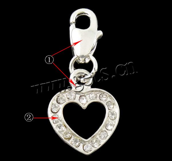 Zinc Alloy Lobster Clasp Charm, Heart, plated, Customized & with rhinestone, more colors for choice, 11x3.5x24mm, Hole:Approx 2x4mm, Sold By PC
